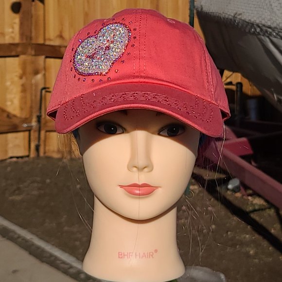 New Ladies Coral Bling Heart BLING Hat - Picture 2 of 4